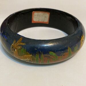 Vintage wood bracelet - navy blue hand-painted animal nature scene